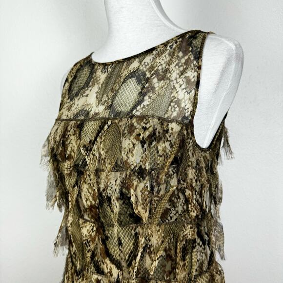Worth | Petites Tan & Brown Snakeskin Reptile Tiered Frayed Silk Sheath Dress - Picture 4 of 8